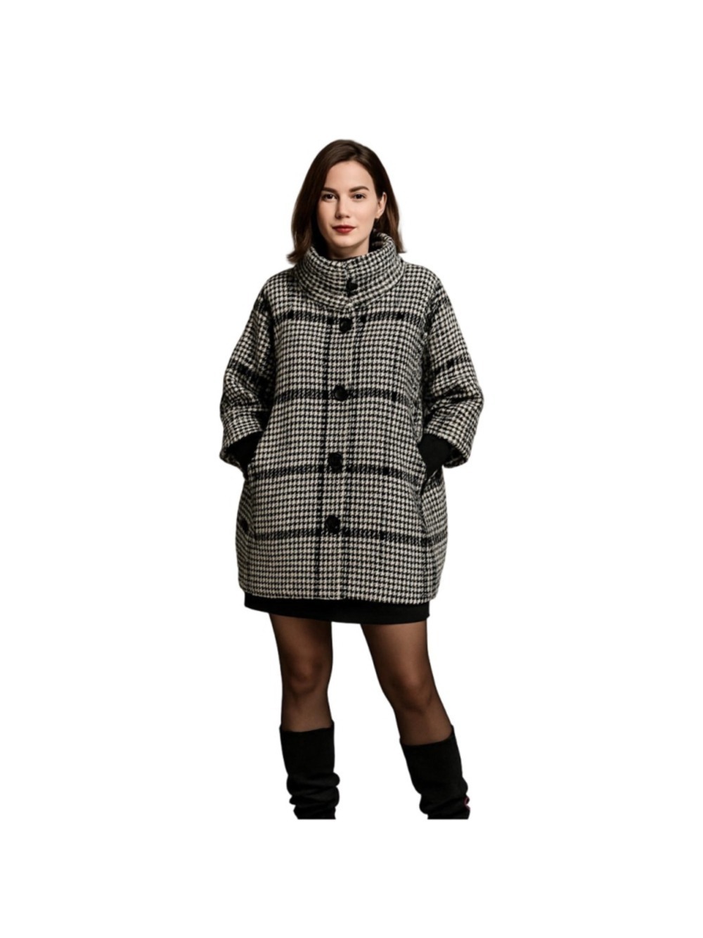 Wool Blend Houndstooth Plaid Coat Black White Oversized Cocoon Style M/L